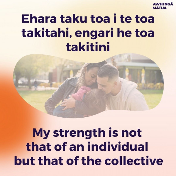 a photo of a whānau with the words: Ehara taku toa i te toa takitahi, engari he toa takatini - my strength is not that of an individual but that of the collective