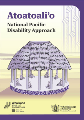 Cover image of the Atoatoali'o National Pacific Disability Approach document, featuring a purple graphic of a circular open hut with people sitting in a circle with their legs crossed inside. The Whaikaha and NZ Government logos sit along the bottom.