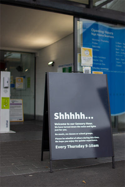 "Shhhh... Welcome to our Sensory Hour. We have turned down the noise and lights just for you. No music, no classes or school groups. Please be mindful of others during this time. We hope you enjoy the quieter experience. Every Thursday 9-10am"